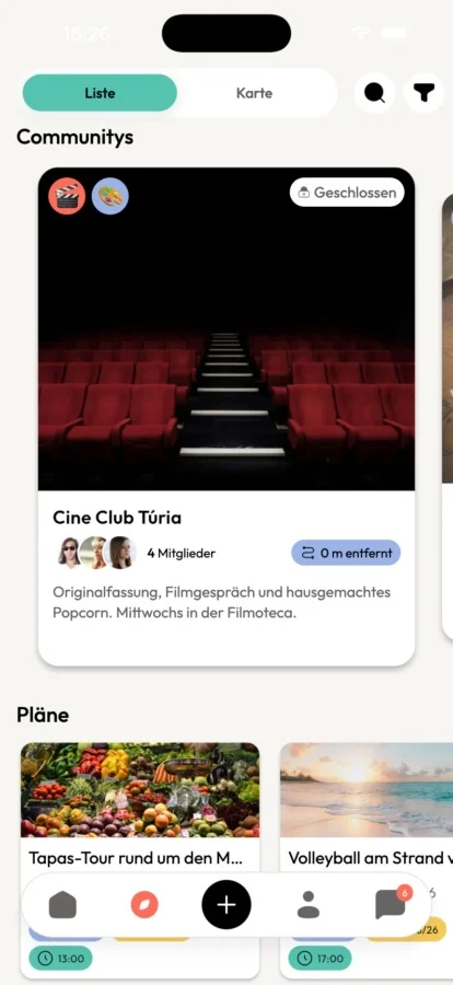 vibeelo-Bildschirm mit Communities wie dem Cine Club Turia und Plänen zum Treffen in Valencia