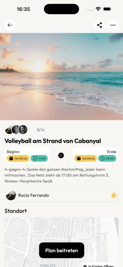 vibeelo-Bildschirm mit dem Plan Volleyball am Strand von Cabanyal und dem Button zum Mitmachen