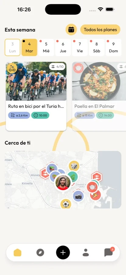 Pantalla de vibeelo con los planes de esta semana y un mapa de lo que pasa cerca de ti