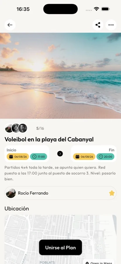 Pantalla de vibeelo con el plan Voleibol en la playa del Cabanyal y el botón para unirse al plan