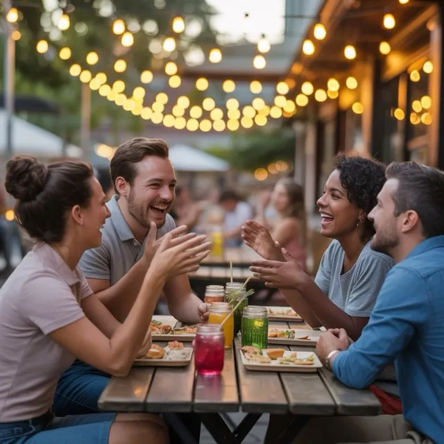 Amigos riendo y cenando en una terraza con guirnaldas de luces