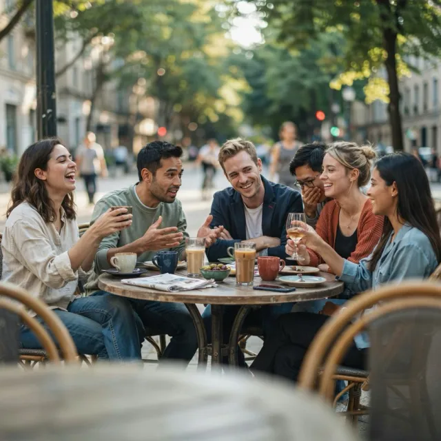 Grupo de amigos charlando alrededor de una mesa en una terraza de la ciudad