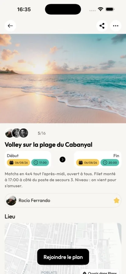 Écran de vibeelo avec le plan Volley sur la plage du Cabanyal et le bouton pour rejoindre le plan